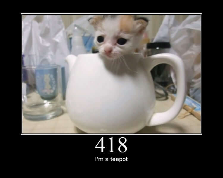 picture of a smol cat sitting in a teapot with black border and text underneath saying &quot;I&#39;m a teapot&quot;